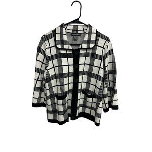 Designers Originals Black White Plaid 3/4 Sleeve Cardigan Sweater Size PXL Prepp